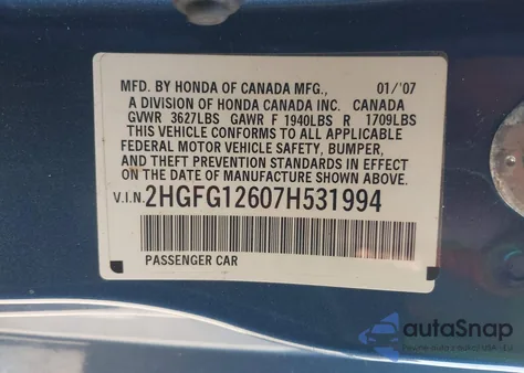 2007 Honda Civic Lx z USA, uszkodzony, nr VIN 2HGFG12607H531994